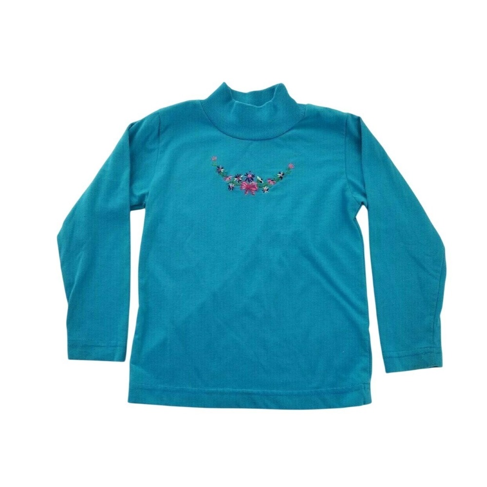 McKids Mock Neck Top Size S 4 Kids Turquoise Floral Embroidered 90s
